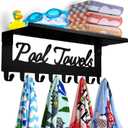Pool Towel Racks with Shelf 8 Hooks for Pool Bathroom Wall Mount Towel Hooks Towel Holder Carbon Steel Hanger Organizer Pool Accessories Outdoor for Robe,Towel,Coat,Swimsuit,Bag,Keys (Black)