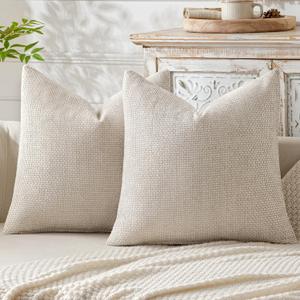 MIULEE Pack of 2 Beige Decorative Pillow Covers 18x18 Inch Soft Chenille Couch Throw Pillows Farmhouse Natural Cushion Covers for Home Decor Sofa Bedroom Living Room