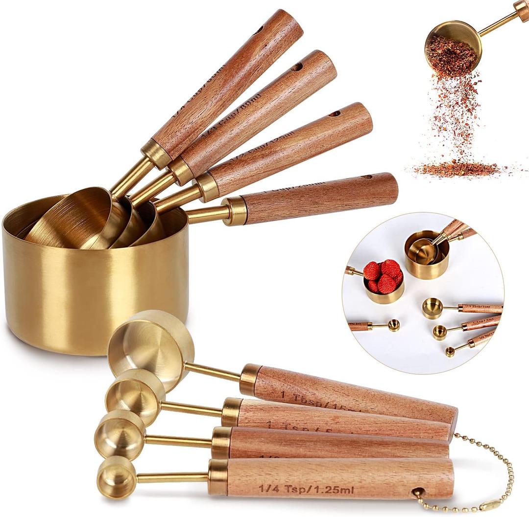 Collection 8 Piece Gold Measuring Cups Set and Measuring Spoons, Golden With fragrant wood Handles-Complete Set of Measure Cups and Spoons For Cooking and Baking.