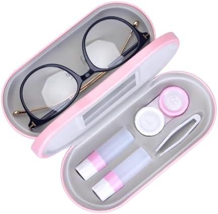 Muf 2 in 1 Double Sided Portable Contact Lens Case and Eyeglasses Case, Dual Use Design with Built-in Mirror, Tweezer and Contact Lens Solution Bottle Included for Travel Kit, Pink