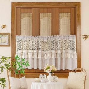 Boho Crochet Lace Sheer Valances for Window Kitchen Vintage Macrame Valances with Tassels for Dining Room Living Room Farmhouse Rustic Crochet Curtain Valance Rod Pocket 1 Panel (W59 L20 inch,Beige)