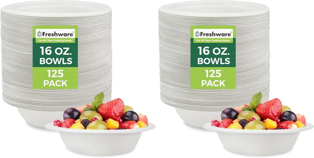 Freshware Paper Bowls - Disposable 16 oz. Soup Bowl, 250-Pack Biodegradable Sugarcane Fiber Serving Bowls - Heavy Duty Bagasse for Hot Food Plates - Microwave & Freezer Safe, Stackable Dinnerware