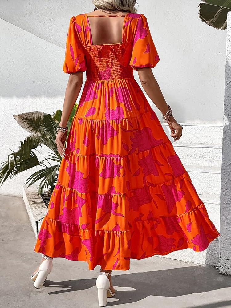 PRETTYGARDEN Women's 2026 Summer Maxi Dress Tie Straps Floral Beach Vacation Long Dresses Smocked Boho Sundress with Pockets (Pink Purple Floral, Small)