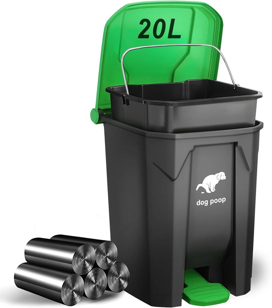 Dog Poop Trash Can Outside, 20L/5Gallon Dog Waste Trash Can with Lid, Pedal and Removable Inner Waste Bin, Dog Poop Bucket with 100 Bags, Green