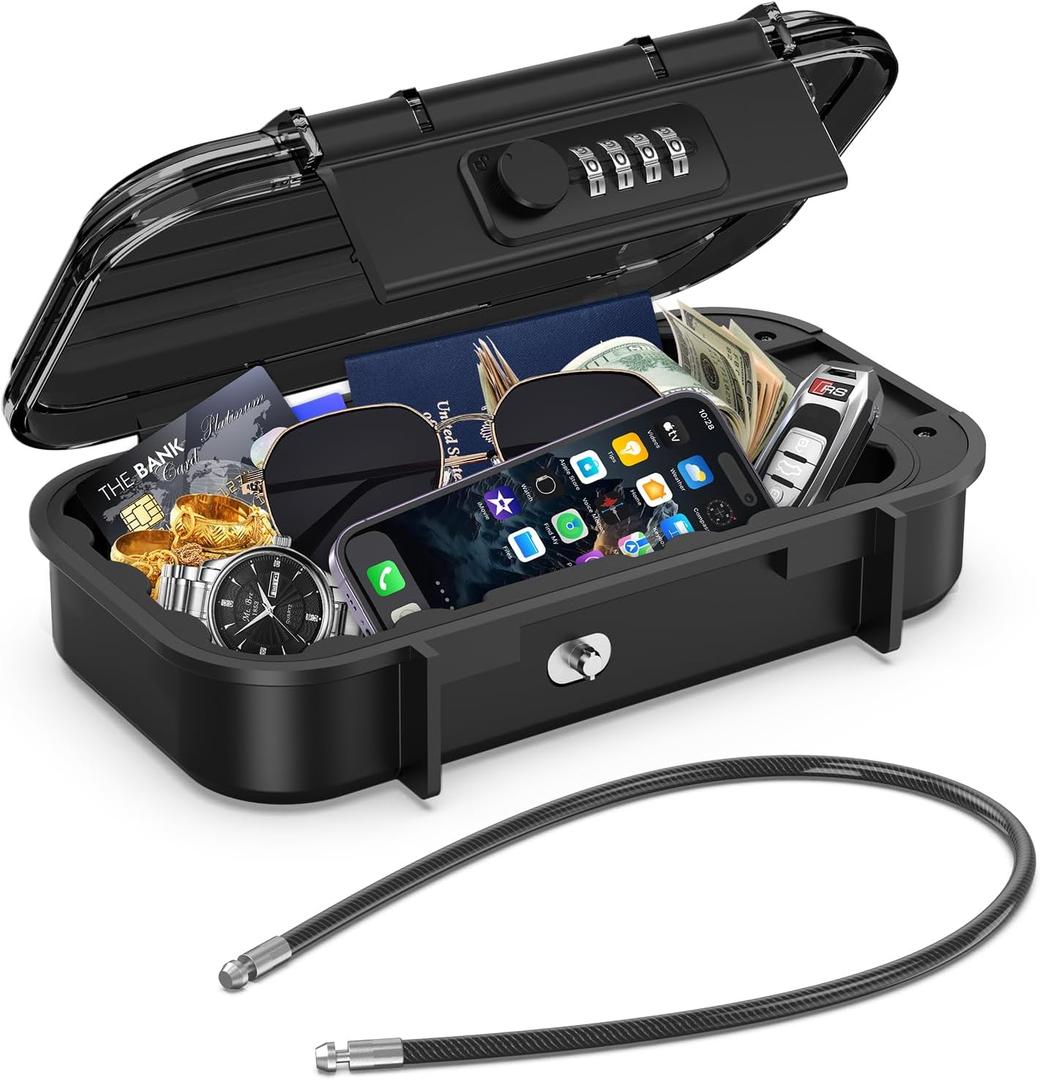 LOFICOPER Portable Lock Box, Beach Security Box for Travel, Anti-Theft 4-Digit Combination Lock Box, Cash Box with Removable Wire Rope for Dorm, Gym, Travel, Hotel, Office (Dark Black)