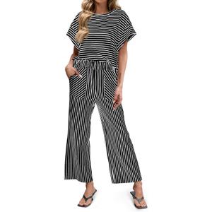 Tankaneo Womens Striped 2 Piece Sets Short Sleeve T Shirts Wide Leg Pants Matching Lounge Set with Pockets (Medium, Black)