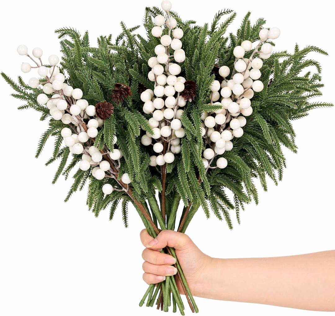 12 Pack Artificial Norfolk Pine Branches 17.7" Christmas Artificial Pine Stems with White Berry Stems Fake Pine Needles Picks for Vase DIY Crafts Garland Wreath Xmas Indoor Home Decor