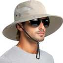 PFFY Sun Bucket Hats for Men Women 3 Wide Brim UPF 50+ Fishing & Beach Hat (Beige)