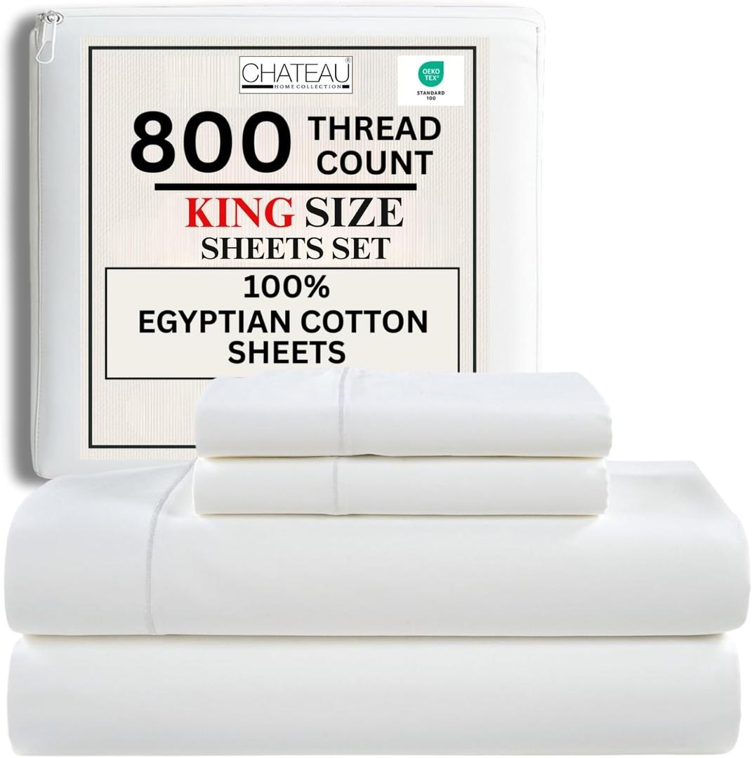 100% Egyptian Cotton Sheets King Size Sheets Set with Fully Elasticated 15" Deep Fitted Sheet & Pillowcase Sets, 800TC Sateen Weave Hotel Collection King Sheet Set, Soft Luxury White Bedding