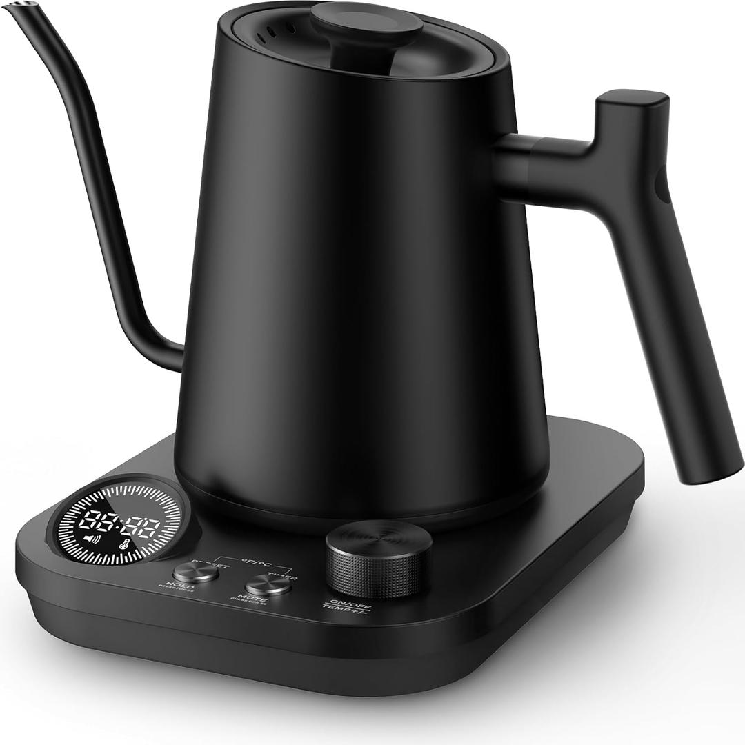 Silonn Electric Gooseneck Kettle - 1F Precise Temp Control, 0.9L 304 Stainless Steel | 4-Hour 212F Keep Warm, 7 Presets & LED Brew Timer for Pour-Over Coffee (Black-V2)
