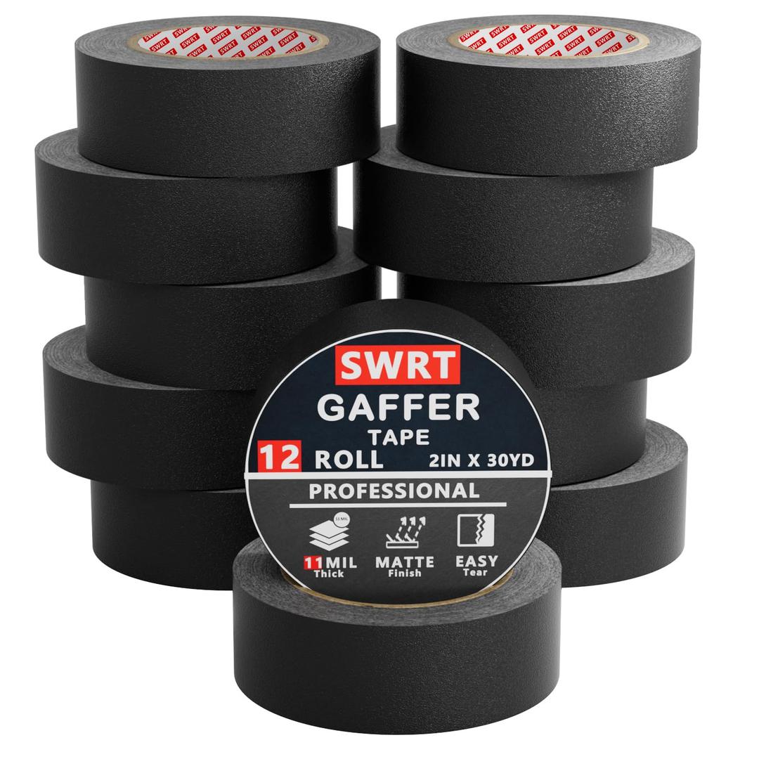 SWRT 12 Pack Gaffers Tape, 11 Mil Industrial Grade Gaffer Tape, 2 x 30 Yards, Strong Adhesion, Easily Remove No Residue, Professional Matte Finish No Reflection, Black, 360 Yards in Total
