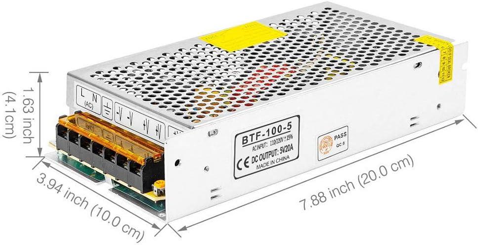 BTF-LIGHTING AC100-240V to DC5V20A Max100W Switching Power Supply Device Transformer Adapter Converter for LED Strip/String/LED Matrix,CCTV Camera,Security System,Radio,Cats