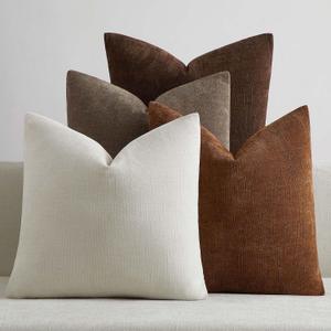 JUSPURBET 22x22 Decorative Pillow Covers Set of 4 Throw Pillow Covers for Couch Sofa Bed Cozy Chenille Cushion Covers Cases with Hidden Zipper for Living Room Home Decor,Mocha Mousse