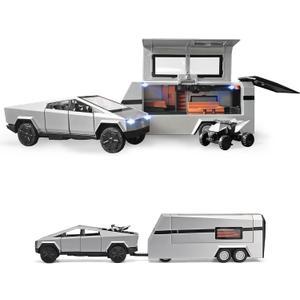 1/32 PickTruck Toy for Kids, Pickup Trailer RV Model Kit with Beach Motorcycle, Diecast Metal RV Car Model Pickup Truck Toy with Sound/Light/Pull Back Power, Ideal Gift for Boys Aged 6 and Up (Silver)
