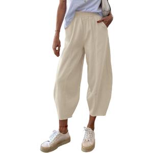 Cicy Bell Women's Summer High Waisted Baggy Pants Casual Cotton Harem Capris Slacks with Pockets (Medium, Light Khaki)