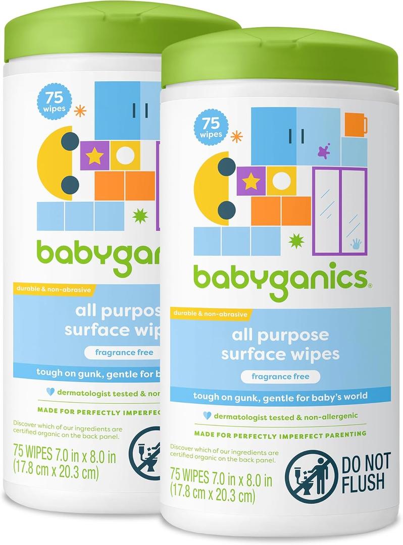 Babyganics All Purpose Surface Wipes, FragranceFree, 75 Count and NonAbrasive, No Ammonia, No Bleach (Pack of 2)
