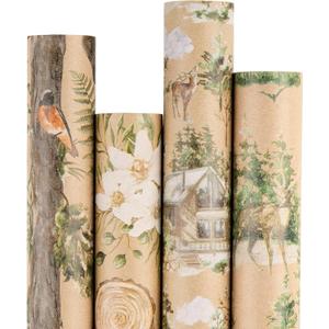 RUSPEPA Christmas Wrapping Paper Set, Jumbo Roll, Vintage Reindeer, Cabin, Bear and White Flower Design, Kraft Gift Wrap for Christmas, Holiday, Rustic Wedding, 4 Rolls, 30 inches x 10 feet per Roll