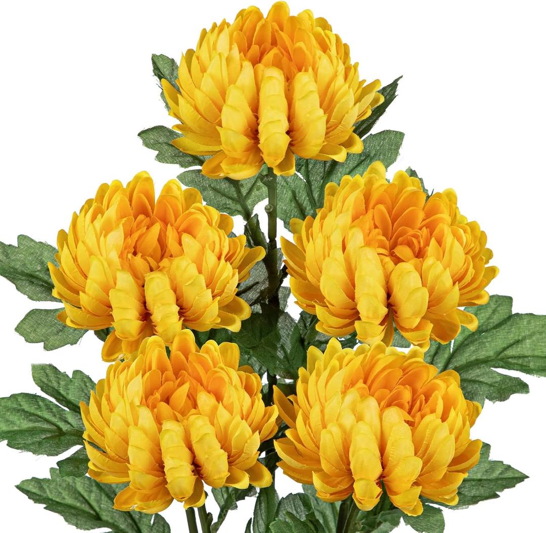 Hollyone 5Pcs Fake Mums Flowers Yellow Artificial Chrysanthemum Flowers Silk 22.8inch Long Stem Floral Arrangements Bouquets Faux Spider Mum Flower Pincushion Flower Bush Spring Home Decor