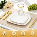 Sylans 700PCS Square White Plastic Plates with Gold Trim for 100 Guests | White and Gold Plates Disposable Dinnerware Set Square, 200 Plates, 100 Rolled Napkins Cutlery, 100 Cups for Party & Wedding