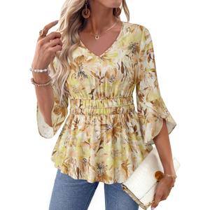 Timeson Women's 3/4 Sleeve Tops Dressy Casual V Neck Floral Blouses Elastic Waist Fall Shirts (Yellow, XL)
