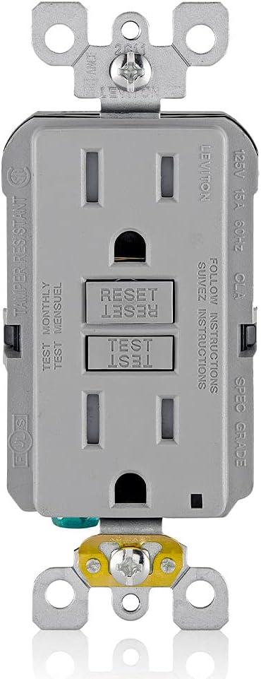 Leviton GFCI Outlet, 15 Amp, Self Test, Tamper-Resistant with LED Indicator Light, Protection from Electric Shock and Electrocution, GFTR1-GY, Gray