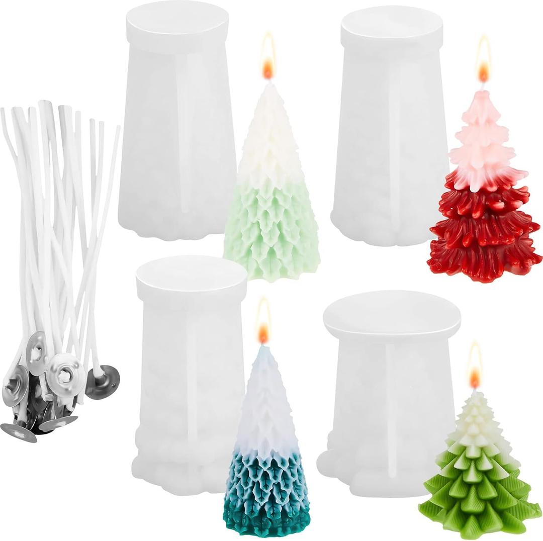 Suclain 4 Pcs Christmas Tree Candle Mold 3D Tree Shaped Silicone Mold Xmas Pine Molds for Candle Making with 100 Pcs Wicks for Wax Soap Clay Craft Cake DIY Home Party Decoration (Classic Style)