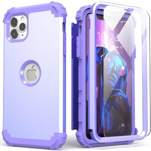 IDweel for iPhone 11 Pro Max Case with Tempered Glass, Hybrid 3 in 1 Shockproof Slim Heavy Duty Protection Hard PC Cover Soft Silicone Bumper Full Body Case for iPhone 11 Pro Max 6.5",Purple