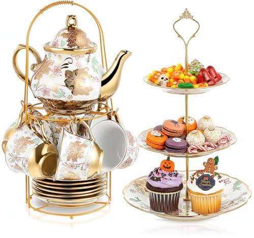Maxcheck 21 Pcs Porcelain Tea Set for Women Tea Party with Metal Holder and 3 Tier Cake Stand Ceramic European Floral Teapot Set for Adults Mother's Day Christmas Thoughtful Gift(Classic Style)
