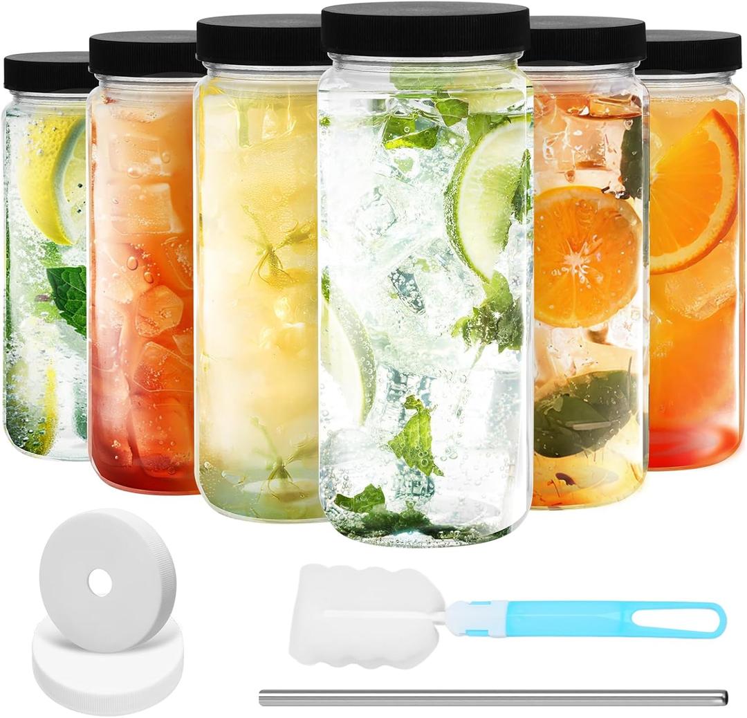 Jarsoph 6pcs 18oz Glass Juice Bottles with Lid, Clear Water Bottle Drink Containers with Caps, Reusable Tall Mason Jar for Drinking, Smoothie and Other Beverages BPA Free 100% Leak Proof Drinking Jar