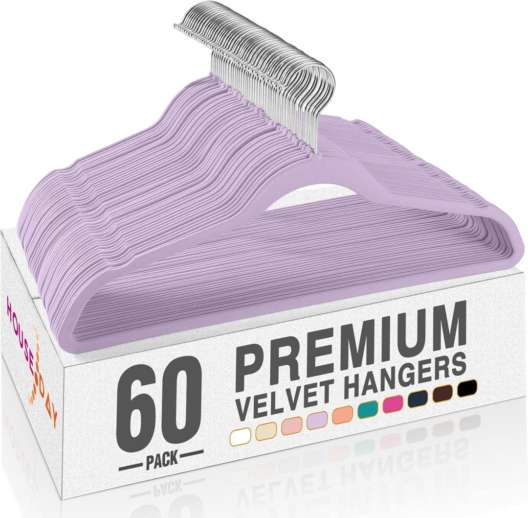HOUSE DAY Lt-Purple Velvet Hangers 60 Pack, Non Slip Clothes Felt Hanger Heavy Duty for Coat, Premium Slim Space Saving Suit Hangers for Closet Organizer, 360 Rotating Silver Hook