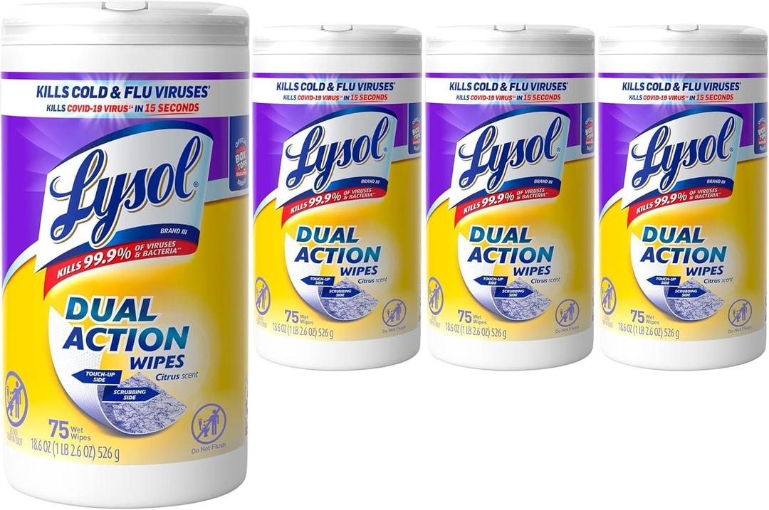 Lysol Dual Action Disinfectant Wipes, Multi-Surface Antibacterial Scrubbing Wipes, Dorm Room Essentials, Citrus Scent, 75ct (Pack of 4)