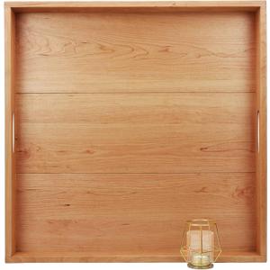 24 x 24 Inches Large Square Cherry Wood Ottoman Tray with Handles, Serve Tea, Coffee or Breakfast in Bed, Classic Wooden Decorative Tray