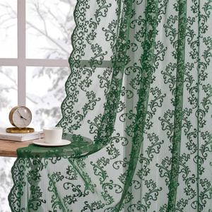 Dark Green Lace Curtains 84 Inches Long 2 Panels Country Vintage Sheer Lace Curtains for Living Room Bedroom Rod Pocket Light Filtering Romantic Victorian Window Privacy Decor Paisley Neutral, 52x84