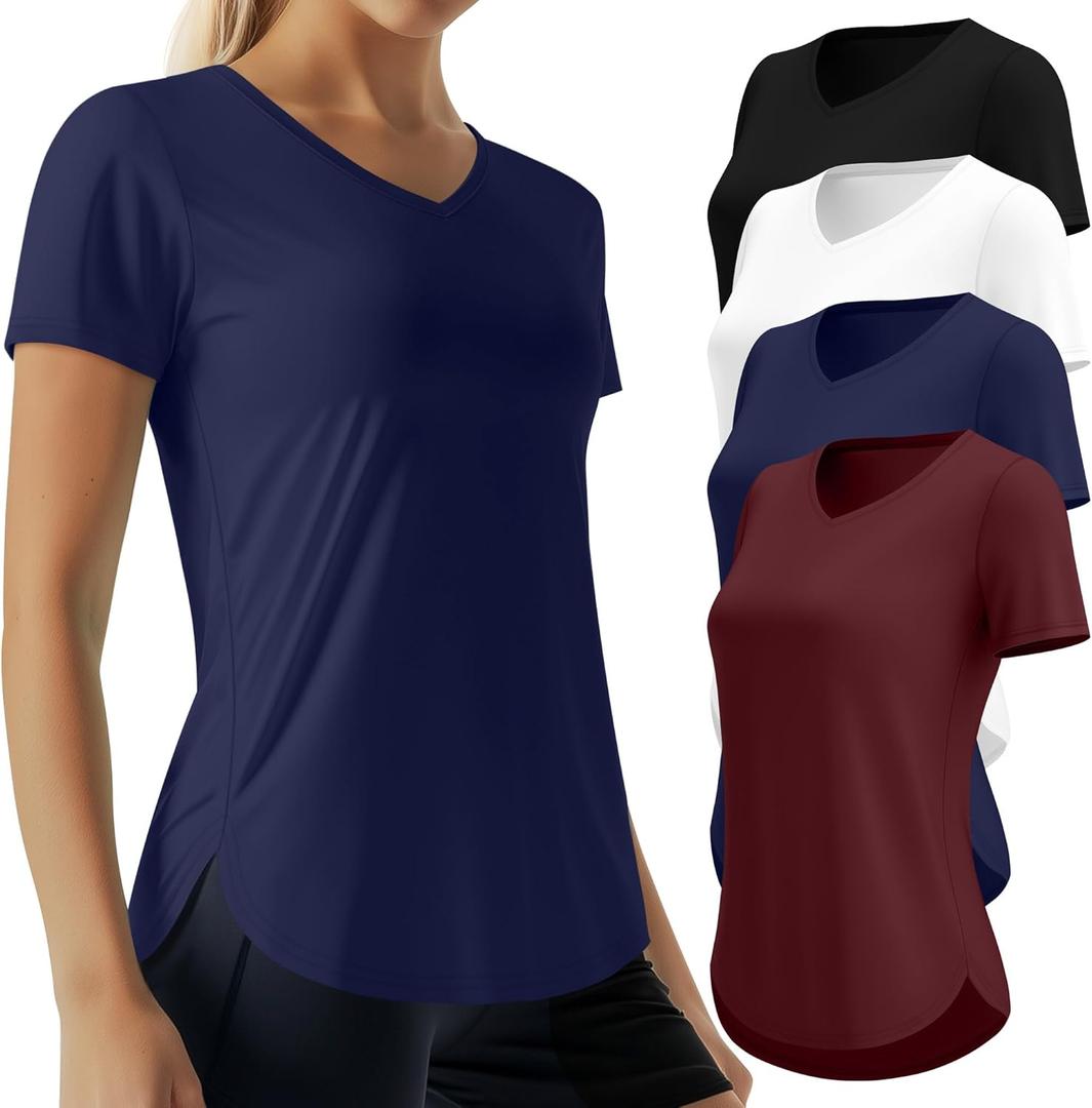 4 Pack Women's Short Sleeve Workout T Shirt Side Slits Curved Hem V Neck Breathable Exercise Tops Quick Dry UV Tee (Large, Black, White, Navy Blue, Burgundy Red)