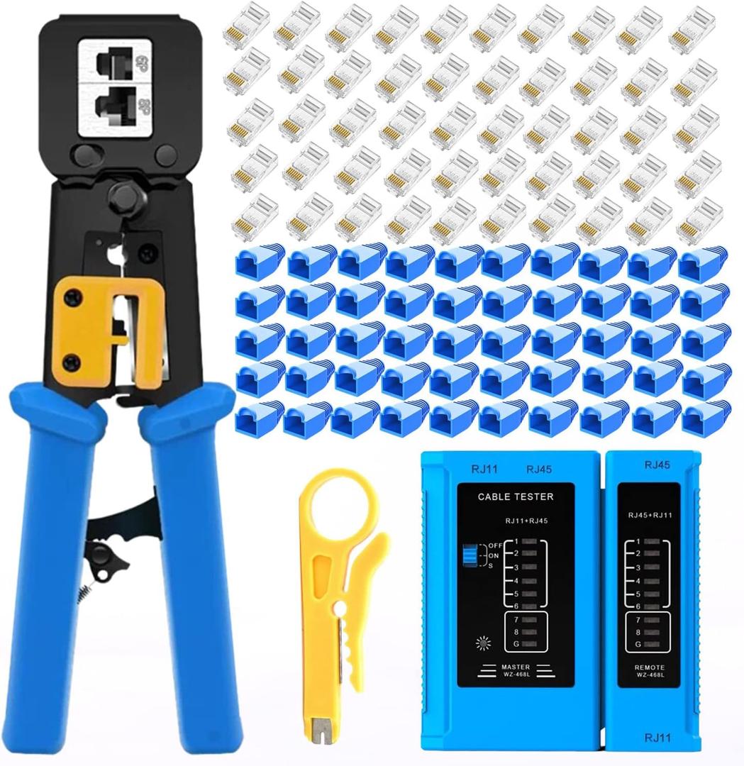 Gaobige rj45 Crimping Tool for Cat6 Cat5e Cat5, Sturdy Crimper for rj45 rj12/11 Pass-Through Connectors with 50pcs rj45 Cat5e Pass-Through Connectors, 50pcs Covers, Wire Stripper; Network Cable Tester