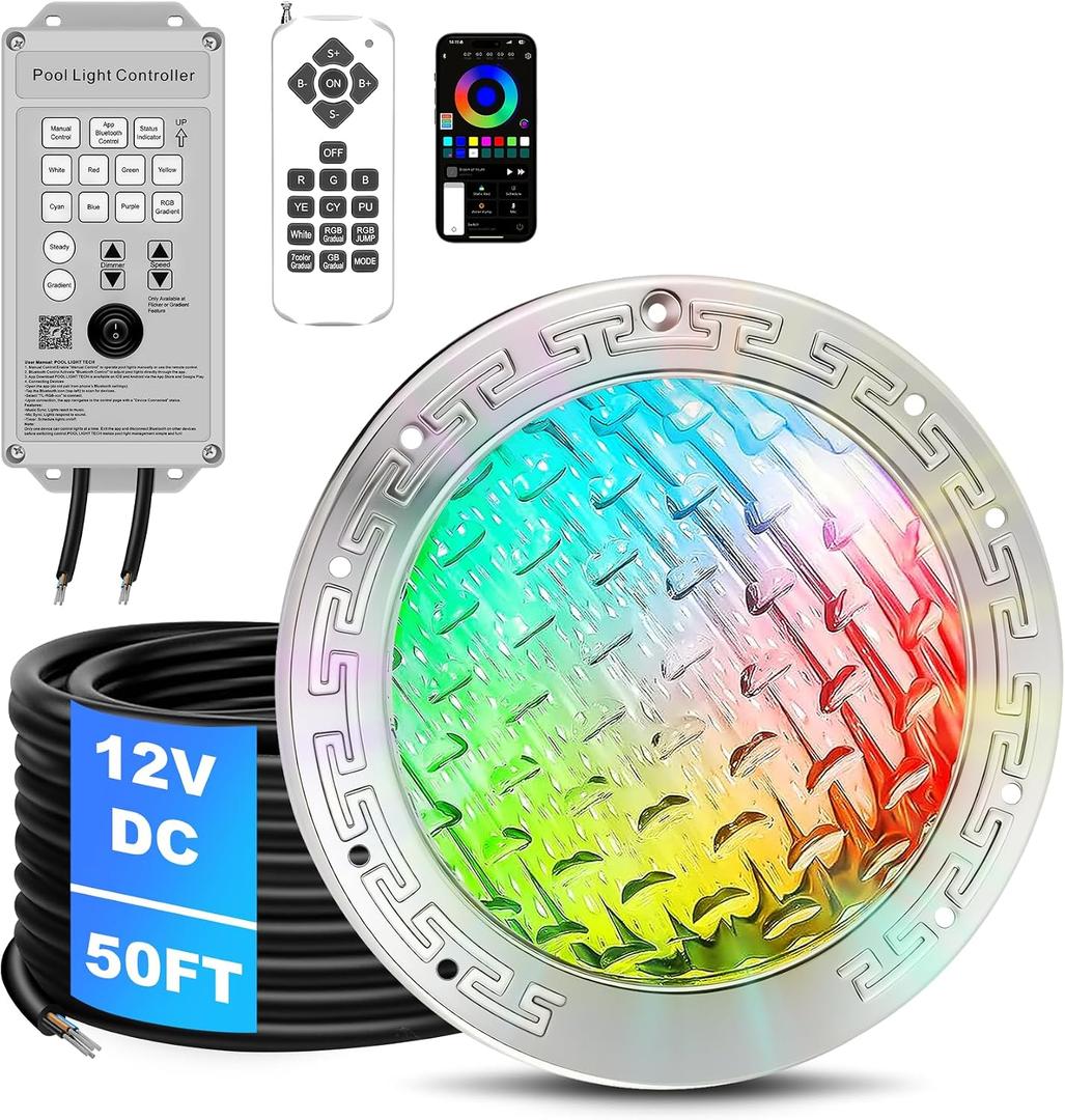 CAtArt 10 Inch LED Pool Lights for inground Pool, 12V DC Swimming Pool Light Fixture, LED Lights - Replacement for Intellibrite 5G, 500W Equivalent, 3-Way Control, Fits Large 10-inch Wet Niches, 50FT