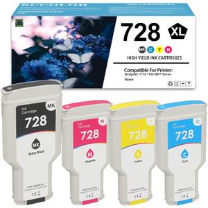 728 Ink Cartridges Compatible for HP 728 Ink Cartridge for F9J68A F9K17A F9K16A F9K15A DesignJet T830 MFP & T730 Large Format Plotter Printers (300-ml Matte Black,130-ml Cyan Magenta Yellow 4 Pack)