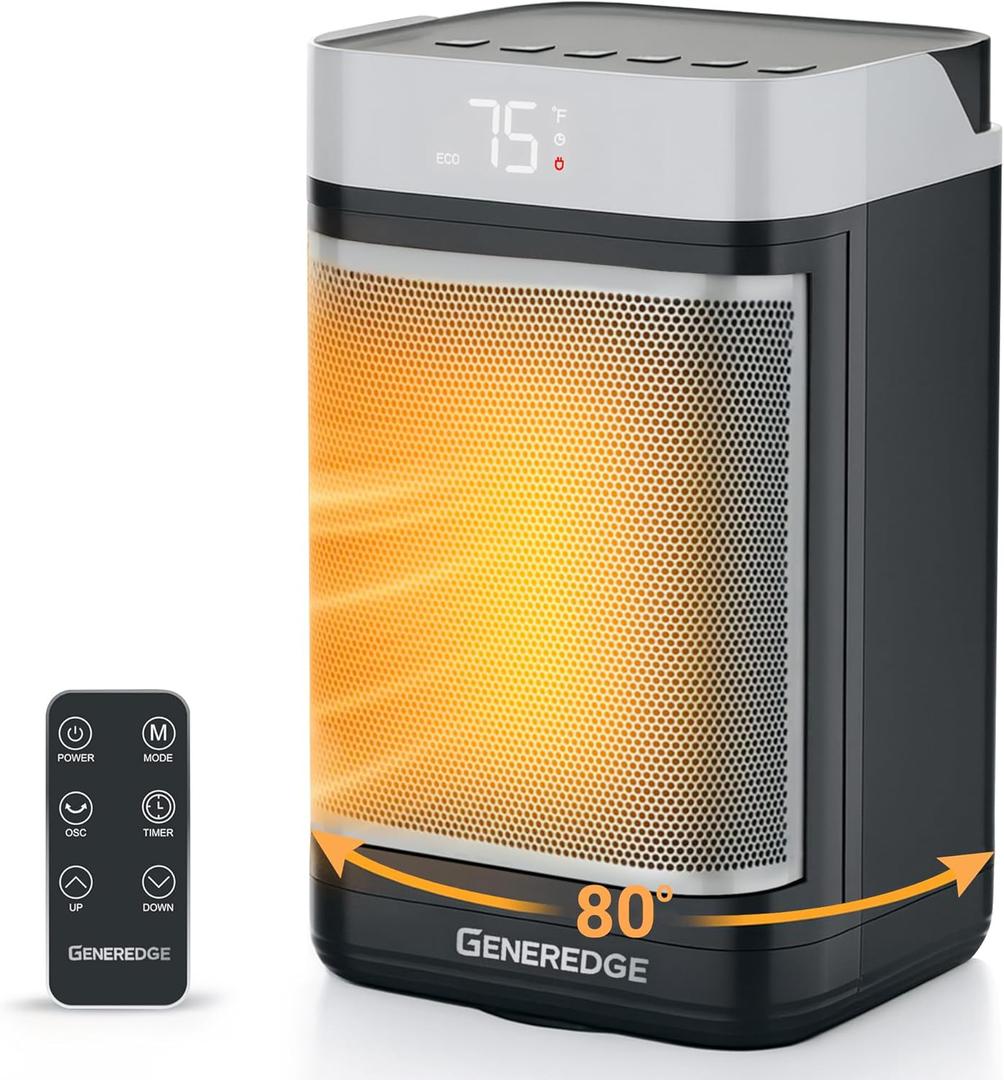 GENEREDGE Portable Space Heater for Indoor Use  1500W PTC Electric Heater with Digital Thermostat, Remote Control, 80°Oscillation, Timer, Fan & Quite Eco Mode, Rapid and Safe Heating for Bedroom