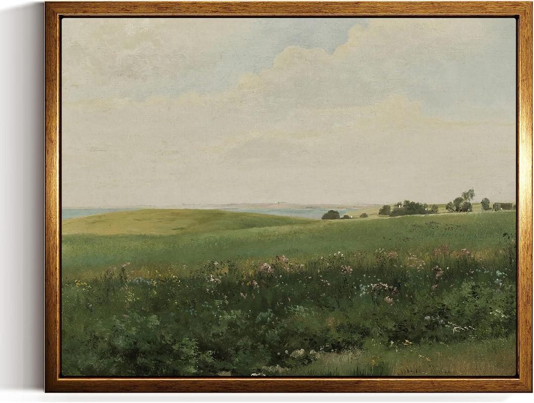 InSimSea Golden Framed Vintage Canvas Wall Art Summer Landscape with Rolling Fields 8x10 inch, Vast Grassland Painting Prints, Wild Field Landscape Scenic Artwork for Living Room Bedroom Wall Decor