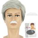 yuehong Adult Short White Gray Grandpa Wig Old Man Wig Heat Resistant Synthetic Fibers Soft Durable Breathable Costume Hair with Mustache