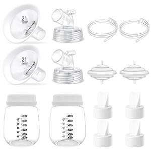 Full Breast Pump Parts with 17mm Oval Soft Rim Flanges and Wide-Mouth Base Connector for Spectra S2 S1 9 Plus SG, Medela, Lansinoh Pumps, Include Flange, Valve, Backflow Protector, Tubing and Bottle