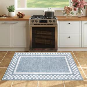 Small Area Rug 2x3 Modern Checkered Entry Rug Solid Color Scalloped Kitchen Rugs Washable Bedroom Doormat Non Slip Stain Resistant Bordered Throw Carpet for Living Room Nursery Laundry, Blue