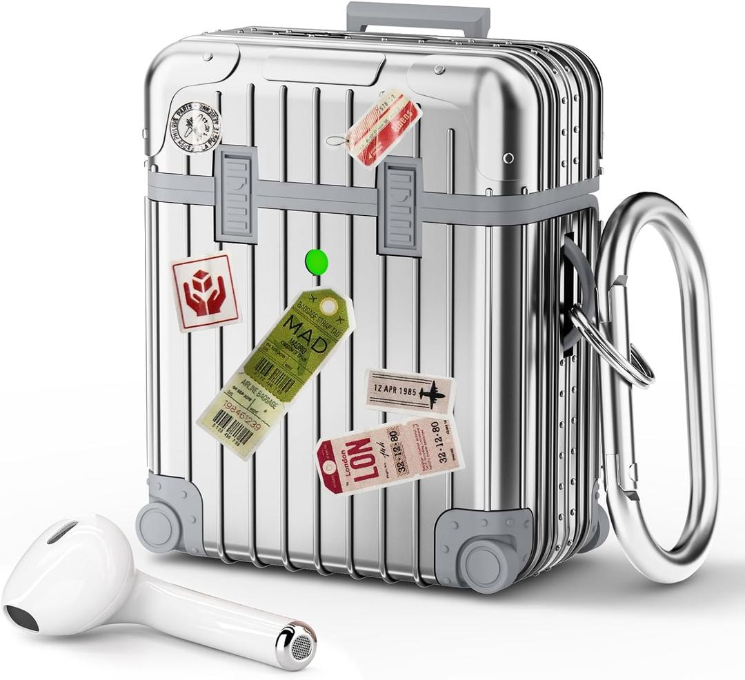 KOREDA Compatible with AirPods Case Cover, Funny Suitcase Design Case for Airpods 2nd Generation/1st Generation, Cute Fashion Protective Hard Case for Women Men with Keychain (Silver)