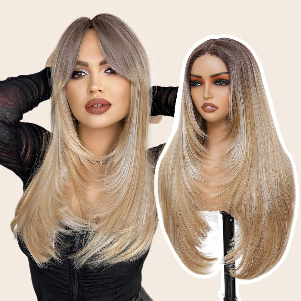 Glueless Synthetic Lace Front Wig Long Blonde Wig for Women Straight Layered Wig 28" 4x1 HD Lace Pre Plucked Hairline Middle Part Synthetic Wigs for Daily Party (Drak Blonde with Drak Root,28Inch)