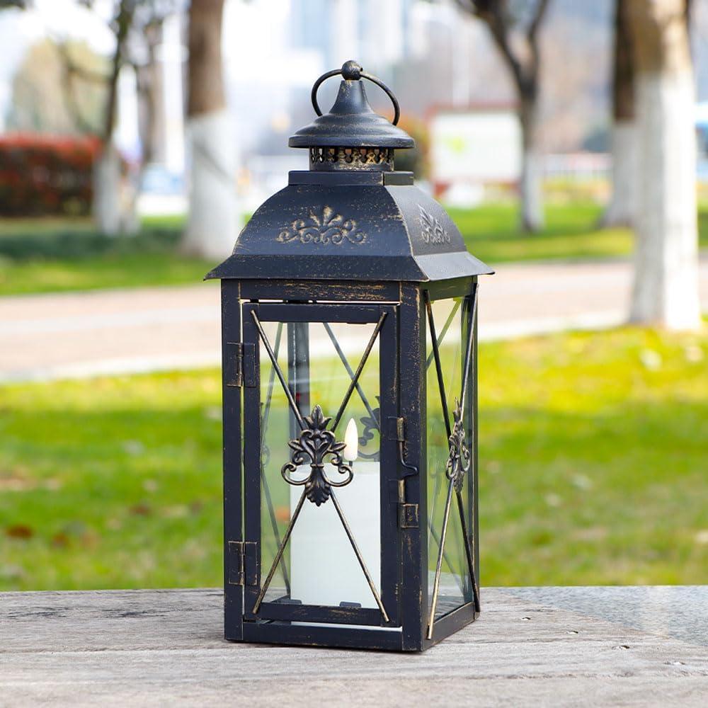 TRIROCKS Decorative Hanging Lantern 16'' High Vintage Metal Candle Holder with Tempered Glass Perfect for Living Room Garden Yard Patio Parties Events Indoors Outdoors (Black)