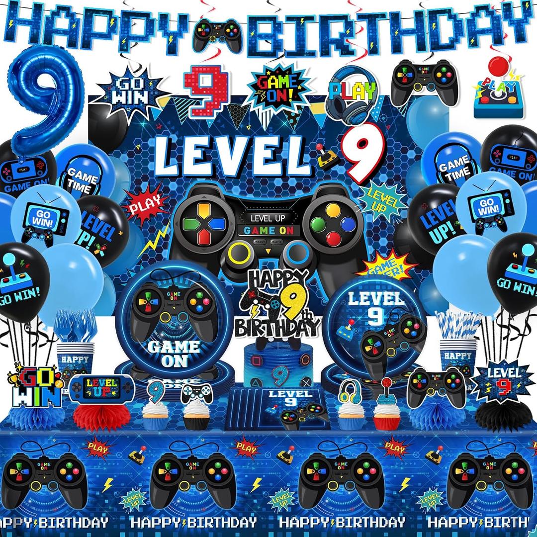 9th Birthday Decorations for Boys,197pcs Gamer Birthday Party Decorations Level 9 Birth day Decorations Plates and Napkins Cups Tablecloth Banner Honeycomb for Video Game Party Decorations