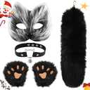 Therian Mask and Tail Set,Faux Fur Therian Tail Set,Therian Gear Paws,Fox Cat Mask Therian Tail For Christmas Party Cosplay (BLACK)