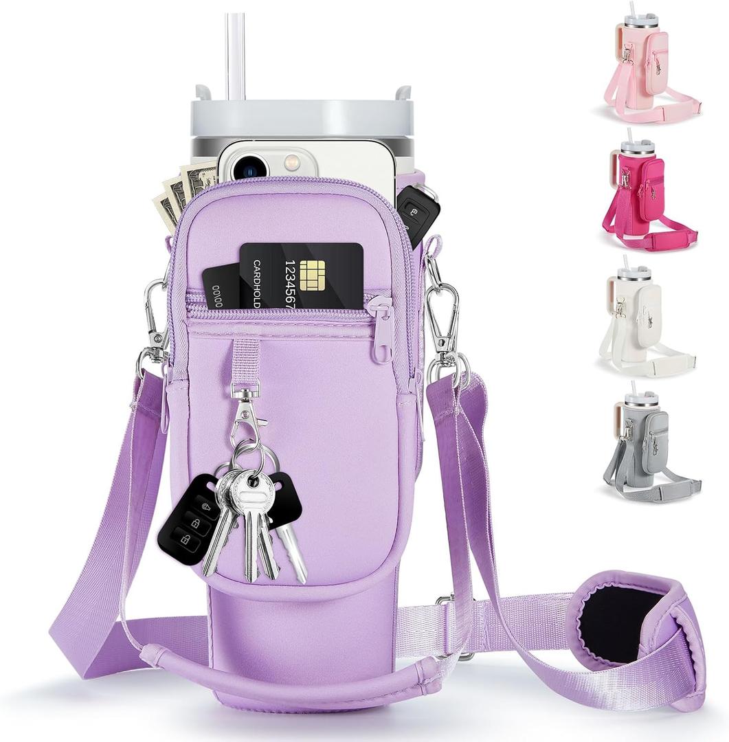 linmaya Water Bottle Carrier Bag with Phone Pocket for Stanley Cup 40/30oz,Insulated Neoprene Water Bottle Holder Cross-boday Bag with Adjustable Shoulder & Handheld Strap Stanley Cup Accessories (orchid)