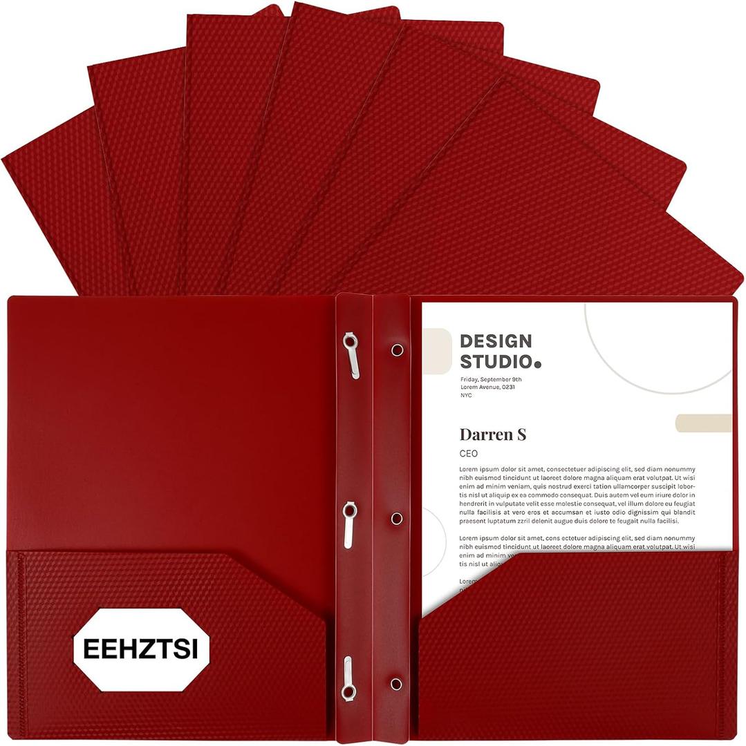 12-Pack Plastic Folders with Pockets and Prongs,2-Pocket Folders with 3 Fasteners, Poly Folders Holds 8-1/2" x 11" Paper for School/Office/Home (Red)