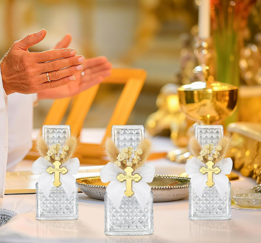 7 Set Holy Water Bottles Catholic Bulk Glass Baptism Favors for Guests Christian Water Container with Floral Organza Bags Bow for Holy Communion Gifts Church Wedding Baptism Decor (Elegant White)